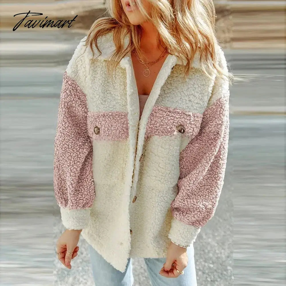 Casual Autumn Winter Women Plush Jackets Coat Elegant Long Sleeve Button Fashion Outwear Turn Down Collar Loose Coats