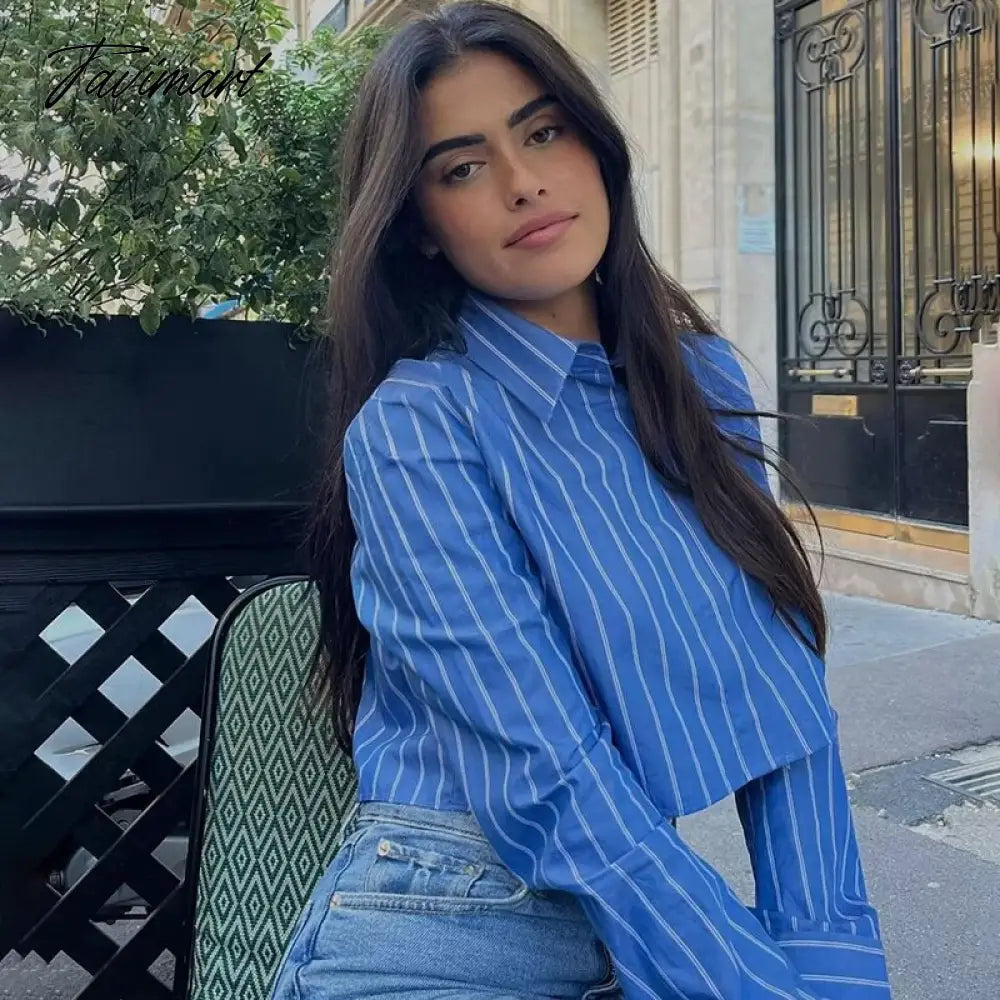 Casual Button-Up With Pockets Stripe Cropped Blouse Women Long Sleeve Tops Spring Blue Streetwear Shirts