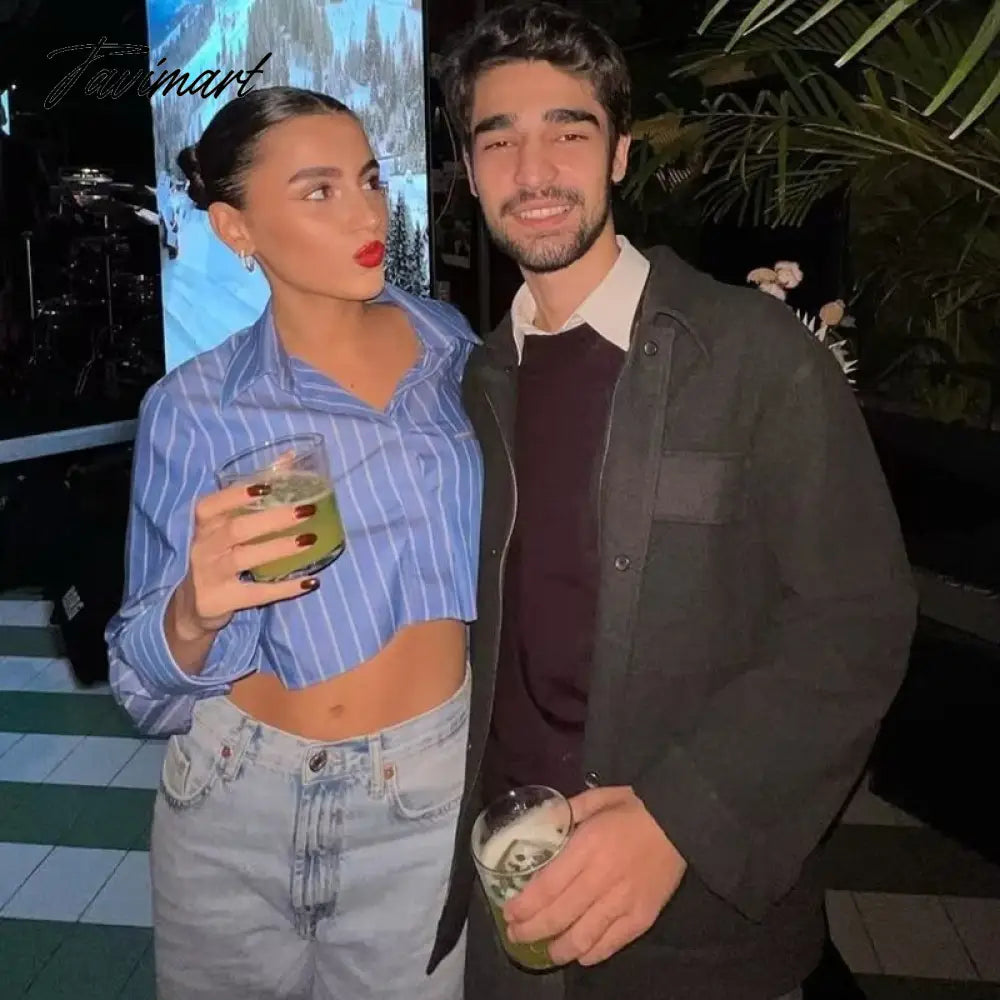 Casual Button-Up With Pockets Stripe Cropped Blouse Women Long Sleeve Tops Spring Blue Streetwear Shirts