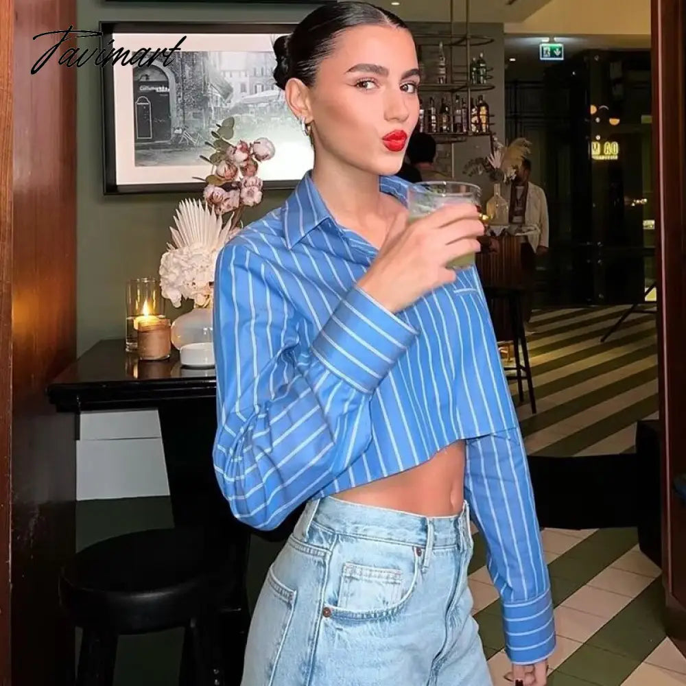 Casual Button-Up With Pockets Stripe Cropped Blouse Women Long Sleeve Tops Spring Blue Streetwear Shirts