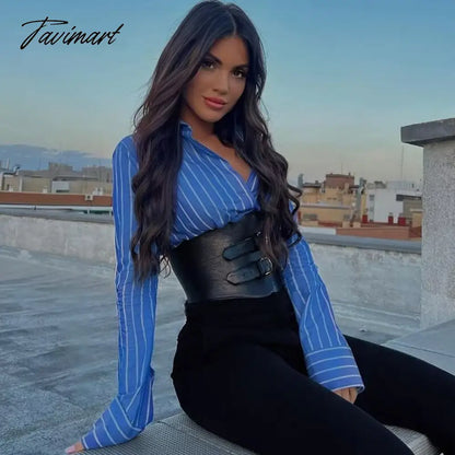 Casual Button-Up With Pockets Stripe Cropped Blouse Women Long Sleeve Tops Spring Blue Streetwear Shirts