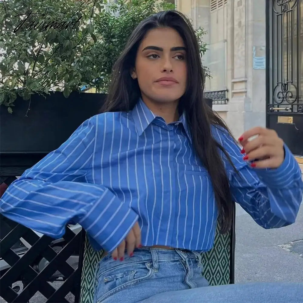 Casual Button-Up With Pockets Stripe Cropped Blouse Women Long Sleeve Tops Spring Blue Streetwear Shirts