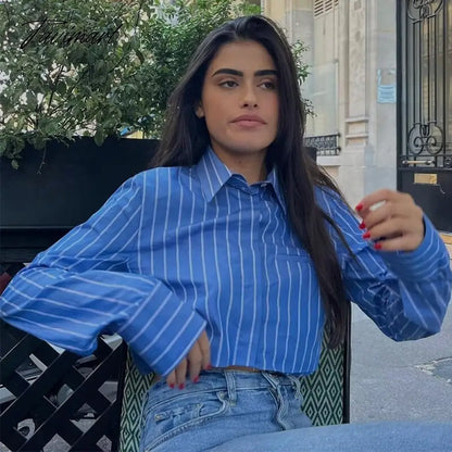Casual Button-Up With Pockets Stripe Cropped Blouse Women Long Sleeve Tops Spring Blue Streetwear Shirts