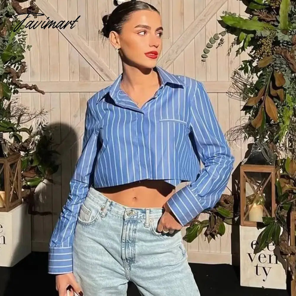 Casual Button-Up With Pockets Stripe Cropped Blouse Women Long Sleeve Tops Spring Blue Streetwear Shirts