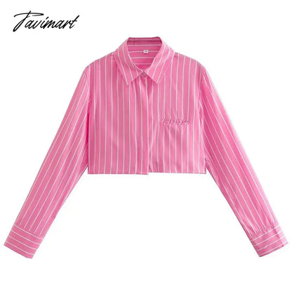 Casual Button-Up With Pockets Stripe Cropped Blouse Women Long Sleeve Tops Spring Blue Streetwear Shirts