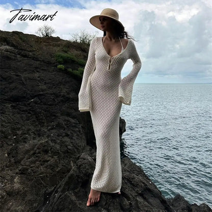 Casual Crochet Long Sleeve Backless Sexy V-Neck Bodycon Elegance Evening Dress Autumn Hollowed Out Beach Knit Long Dress