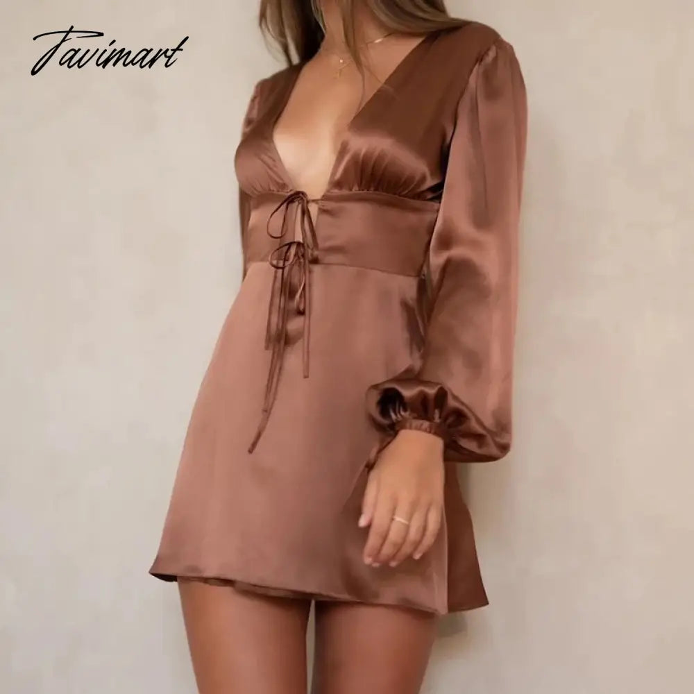Casual Lantern Sleeve Backless Satin Dresses Female Elegant V-Neck Pleat Party Dress Spring 2024 Tie-up Hollow Out Mini Dress