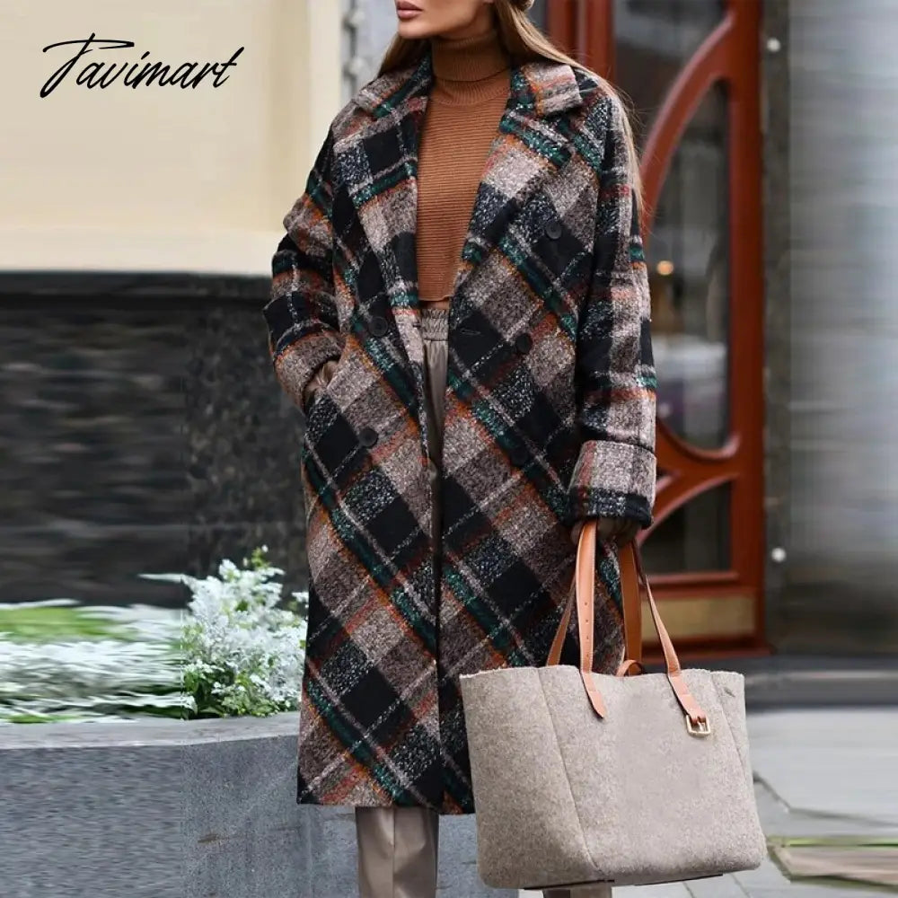 Casual Loose Button Cardigan Jackets Women Vintage Printed Plaid Street Woolen Coats Winter Fashion Long Sleeve Pocket Overcoats