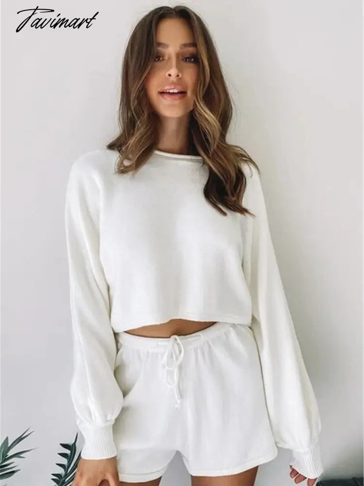 Casual Loose Knitwear Tops Shorts Set Women's O-Neck Long Sleeve Hemming Knitwear & Drawstring Shorts Two-piece Set A1830
