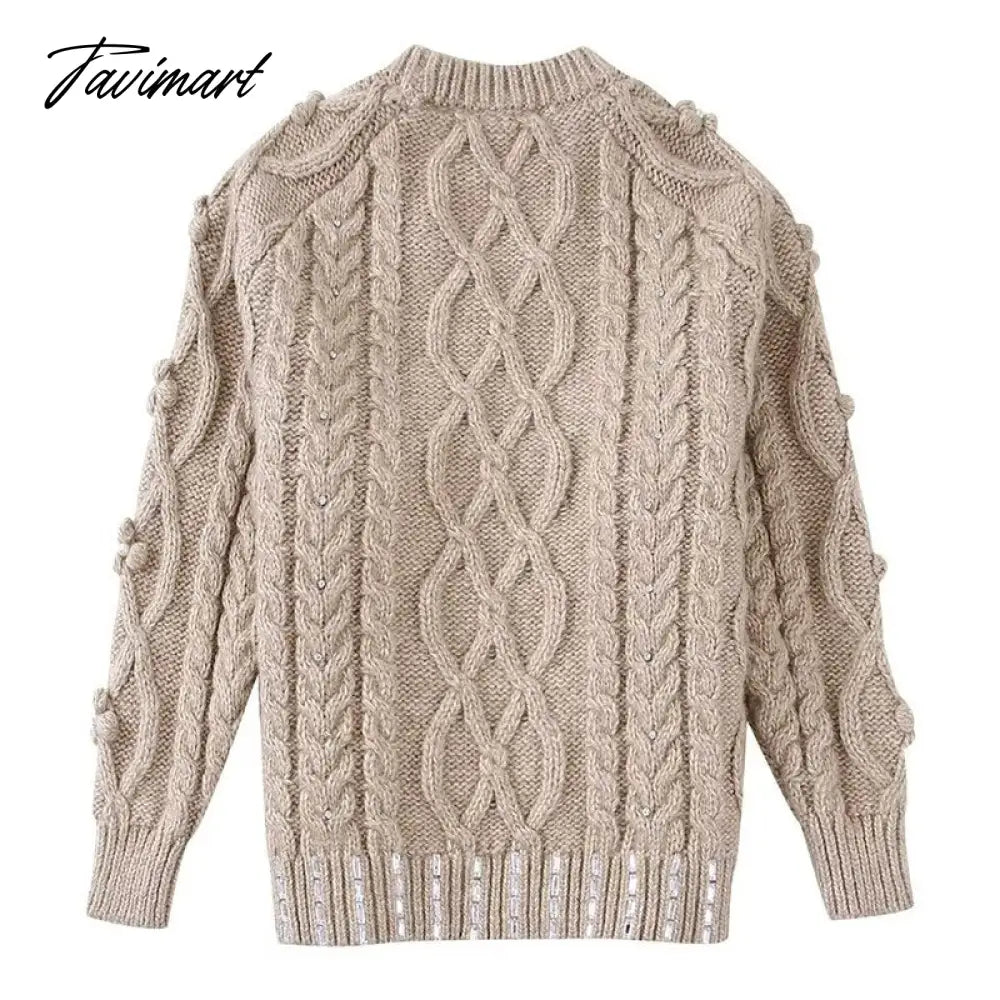 Casual O-Neck Rework Nail Bead Hot Drilling Pull Femme Long Sleeve Three-Dimensional Flower Knitwears Luxury Sweater Women