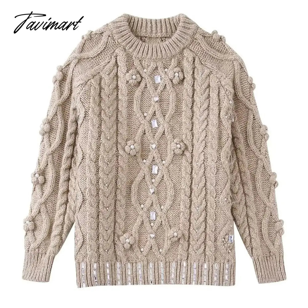 Casual O-Neck Rework Nail Bead Hot Drilling Pull Femme Long Sleeve Three-Dimensional Flower Knitwears Luxury Sweater Women