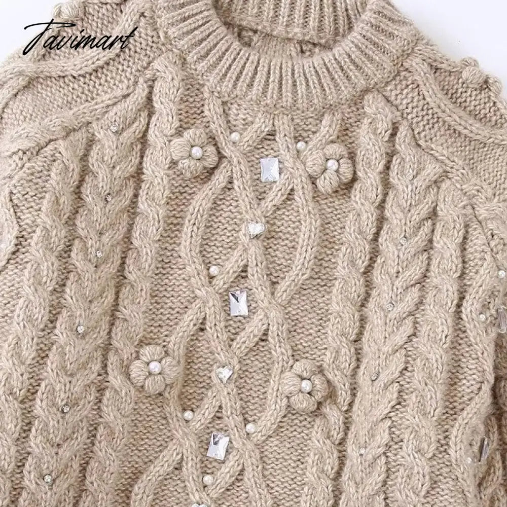 Casual O-Neck Rework Nail Bead Hot Drilling Pull Femme Long Sleeve Three-Dimensional Flower Knitwears Luxury Sweater Women