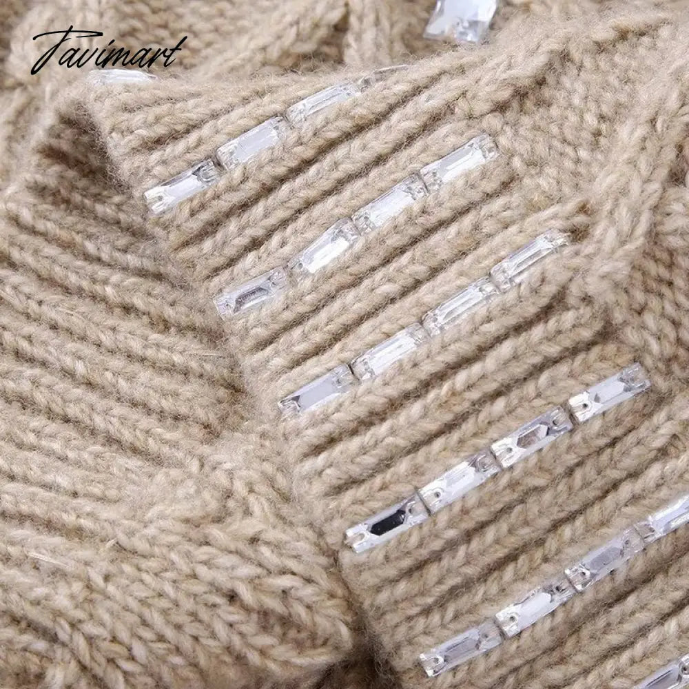 Casual O-Neck Rework Nail Bead Hot Drilling Pull Femme Long Sleeve Three-Dimensional Flower Knitwears Luxury Sweater Women