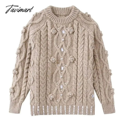 Casual O-Neck Rework Nail Bead Hot Drilling Pull Femme Long Sleeve Three-Dimensional Flower Knitwears Luxury Sweater Women