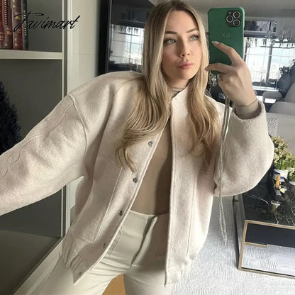 Casual Oversized Bomber Jacket For Women Streetwear Long Sleeve With Pockets Winter Coat Snap Button Female Outerwear Tops