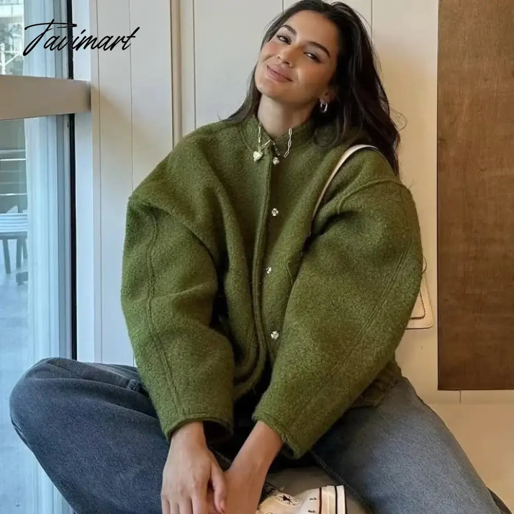 Casual Oversized Bomber Jacket For Women Streetwear Long Sleeve With Pockets Winter Coat Snap Button Female Outerwear Tops