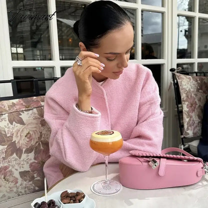 Casual Oversized Bomber Jacket For Women Streetwear Long Sleeve With Pockets Winter Coat Snap Button Female Outerwear Tops