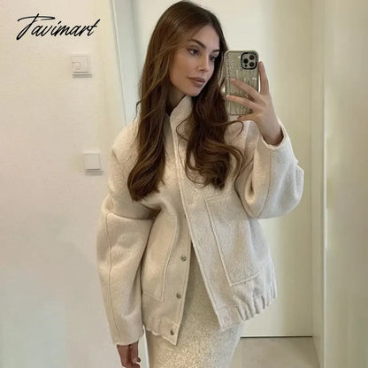 Casual Oversized Bomber Jacket For Women Streetwear Long Sleeve With Pockets Winter Coat Snap Button Female Outerwear Tops