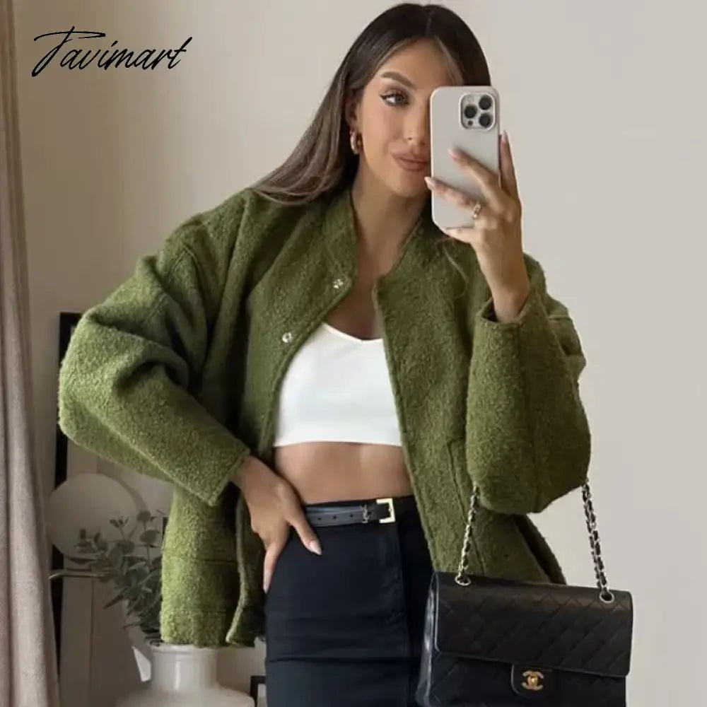 Casual Oversized Bomber Jacket For Women Streetwear Long Sleeve With Pockets Winter Coat Snap Button Female Outerwear Tops