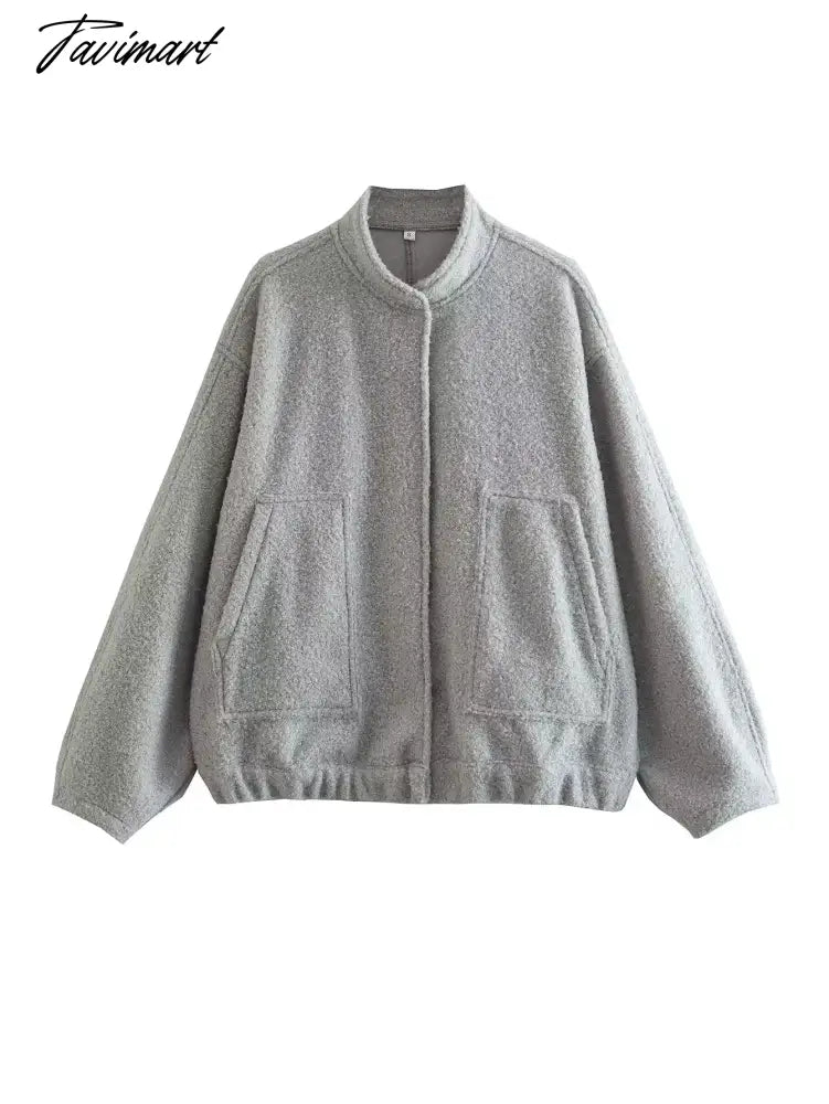 Casual Oversized Bomber Jacket For Women Streetwear Long Sleeve With Pockets Winter Coat Snap Button Female Outerwear Tops