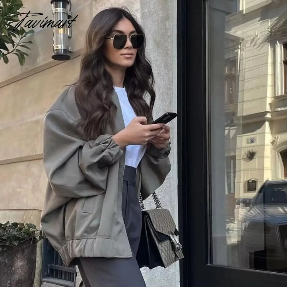Casual Rib Collar Oversize Black Jacket Women Long Sleeve Tops Streetwear With Zipper Pockets Elastic Hem Winter New In Outwears