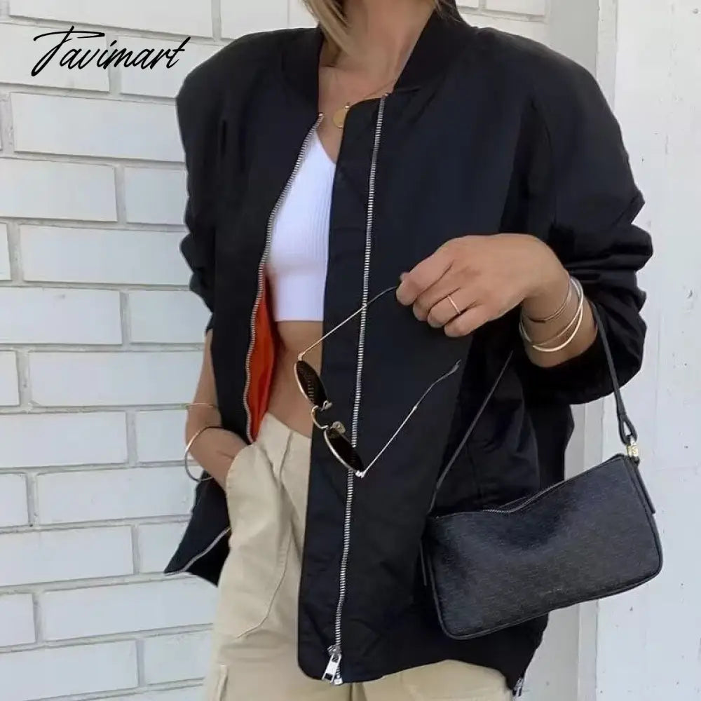 Casual Rib Collar Oversize Black Jacket Women Long Sleeve Tops Streetwear With Zipper Pockets Elastic Hem Winter New In Outwears