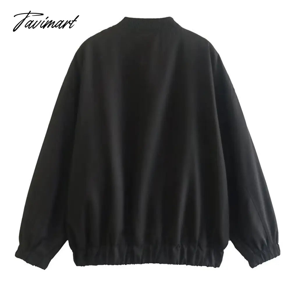 Casual Rib Collar Oversize Black Jacket Women Long Sleeve Tops Streetwear With Zipper Pockets Elastic Hem Winter New In Outwears