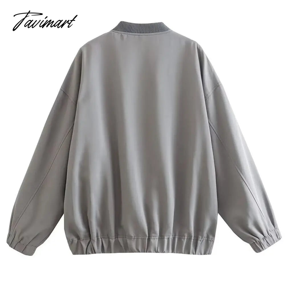 Casual Rib Collar Oversize Black Jacket Women Long Sleeve Tops Streetwear With Zipper Pockets Elastic Hem Winter New In Outwears