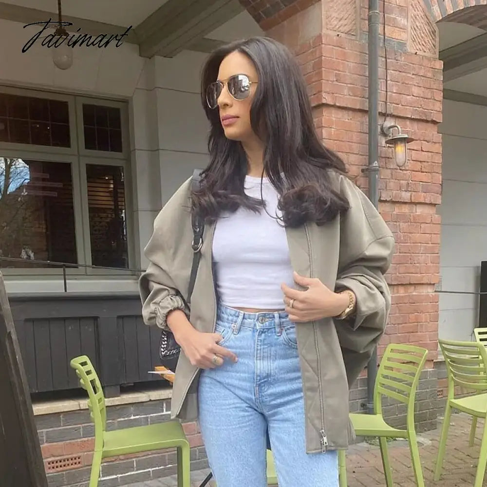 Casual Rib Collar Oversize Black Jacket Women Long Sleeve Tops Streetwear With Zipper Pockets Elastic Hem Winter New In Outwears