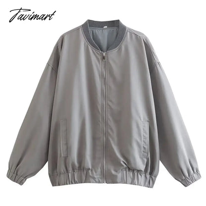 Casual Rib Collar Oversize Black Jacket Women Long Sleeve Tops Streetwear With Zipper Pockets Elastic Hem Winter New In Outwears