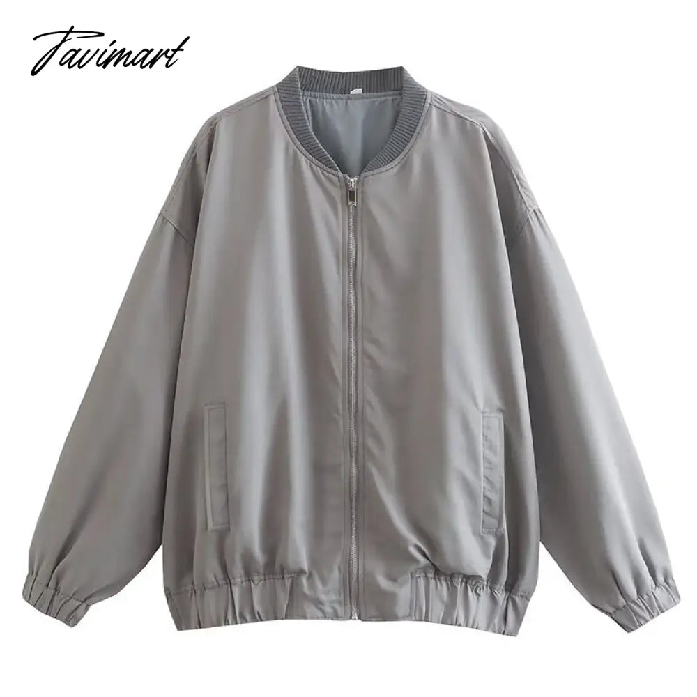 Casual Rib Collar Oversize Black Jacket Women Long Sleeve Tops Streetwear With Zipper Pockets Elastic Hem Winter New In Outwears