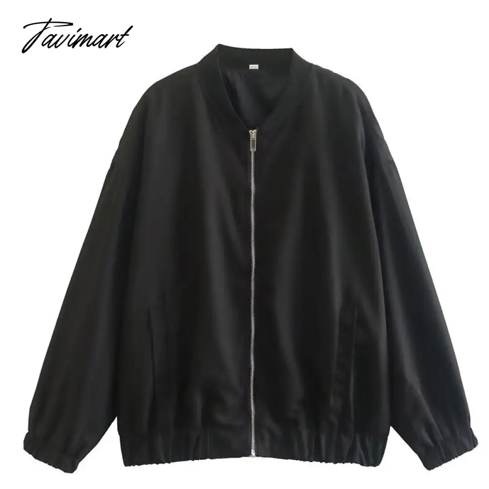 Casual Rib Collar Oversize Black Jacket Women Long Sleeve Tops Streetwear With Zipper Pockets Elastic Hem Winter New In Outwears