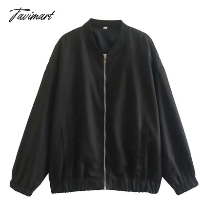 Casual Rib Collar Oversize Black Jacket Women Long Sleeve Tops Streetwear With Zipper Pockets Elastic Hem Winter New In Outwears