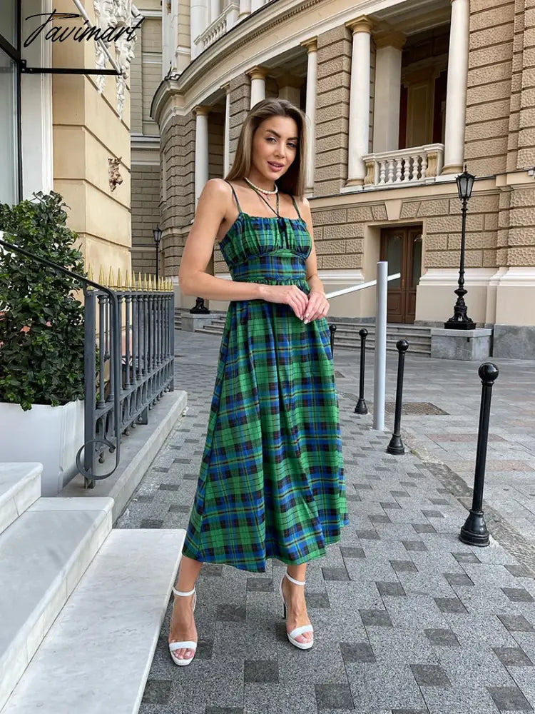 Casual Sleeveless Summer Women Long Dresses Bandage Sexy Boho Beach Slip Dress Blue Green Plaid Maxi Dress For Women Summer