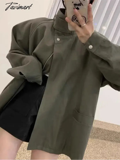 Casual Solid Trench Coat for Women Stand Collar Long Sleeves Zipper Autumn Winter Korean Fashion Loose Warm All-match Outwear
