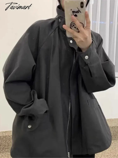 Casual Solid Trench Coat for Women Stand Collar Long Sleeves Zipper Autumn Winter Korean Fashion Loose Warm All-match Outwear