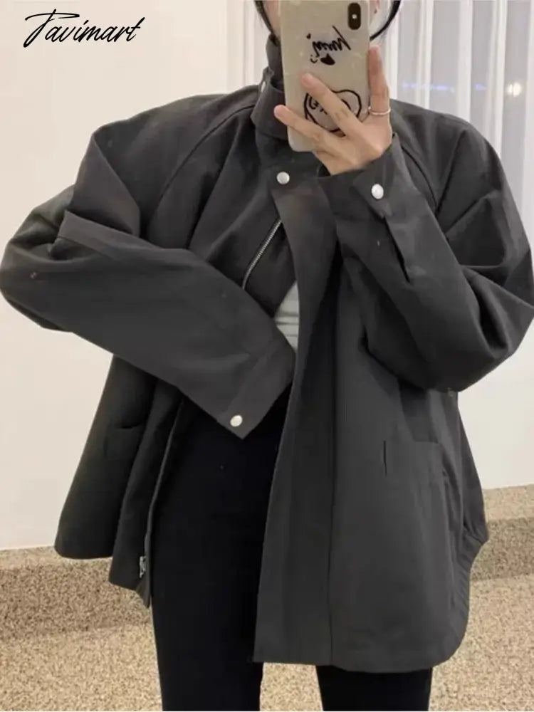 Casual Solid Trench Coat for Women Stand Collar Long Sleeves Zipper Autumn Winter Korean Fashion Loose Warm All-match Outwear