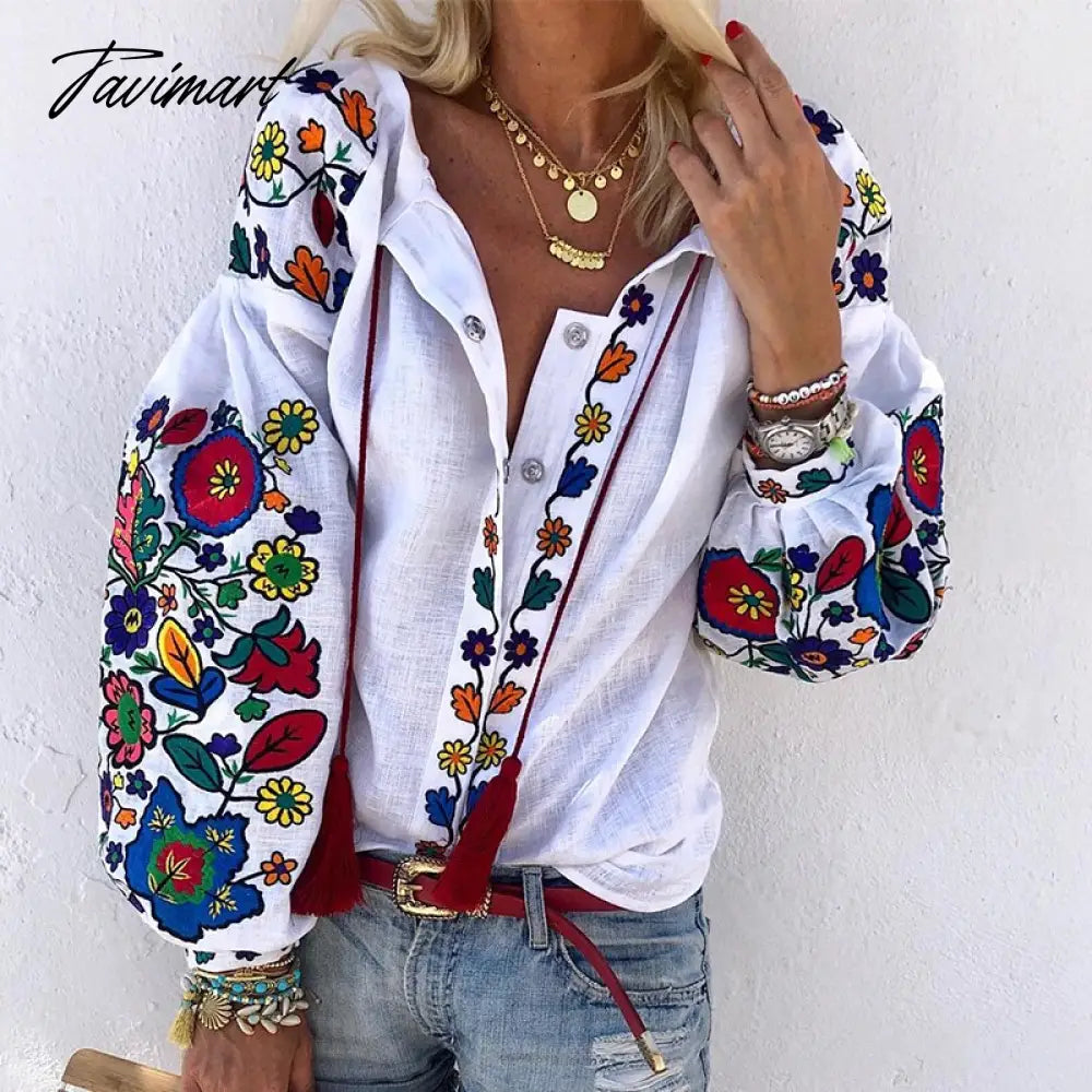 Casual Tassel Style Lace-up Lantern Long Sleeve Shirt Top Women Loose Pullover Spring Floral Print Button-up Shirt and Blouse