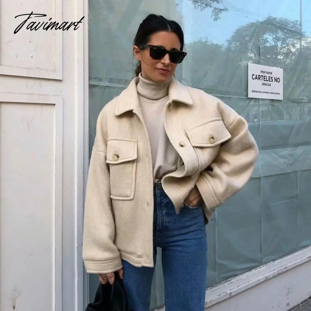 Casual White Tweed Coat Women Loose Single Breasted With Pockets Jacket Street Style Chic Tops Vintage Winter Outwear
