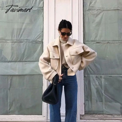Casual White Tweed Coat Women Loose Single Breasted With Pockets Jacket Street Style Chic Tops Vintage Winter Outwear