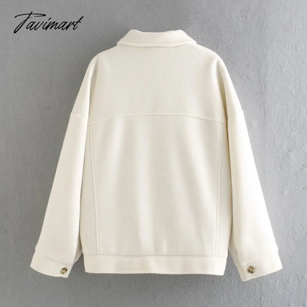 Casual White Tweed Coat Women Loose Single Breasted With Pockets Jacket Street Style Chic Tops Vintage Winter Outwear