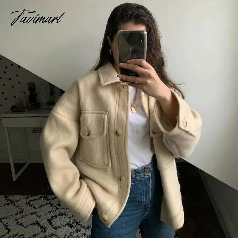 Casual White Tweed Coat Women Loose Single Breasted With Pockets Jacket Street Style Chic Tops Vintage Winter Outwear