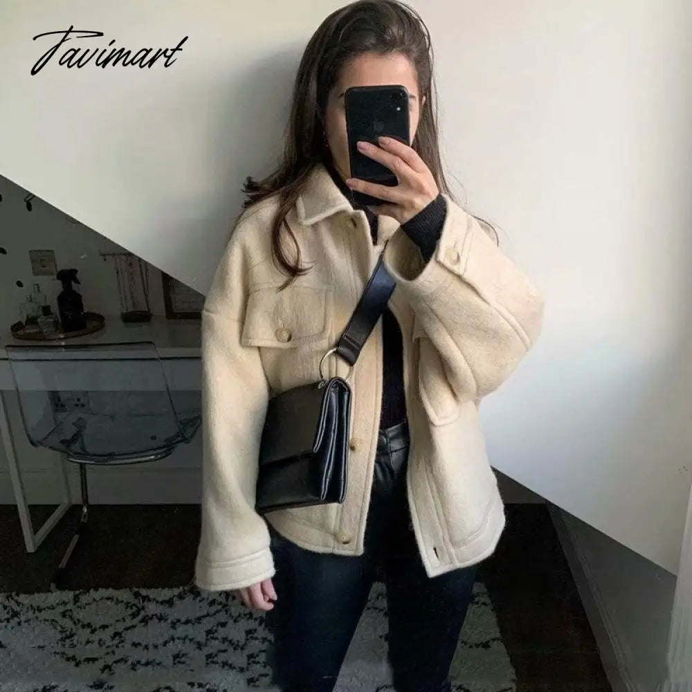 Casual White Tweed Coat Women Loose Single Breasted With Pockets Jacket Street Style Chic Tops Vintage Winter Outwear