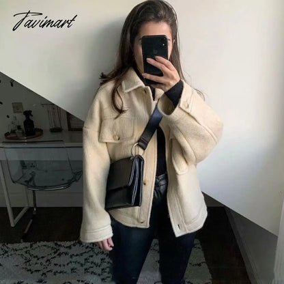 Casual White Tweed Coat Women Loose Single Breasted With Pockets Jacket Street Style Chic Tops Vintage Winter Outwear