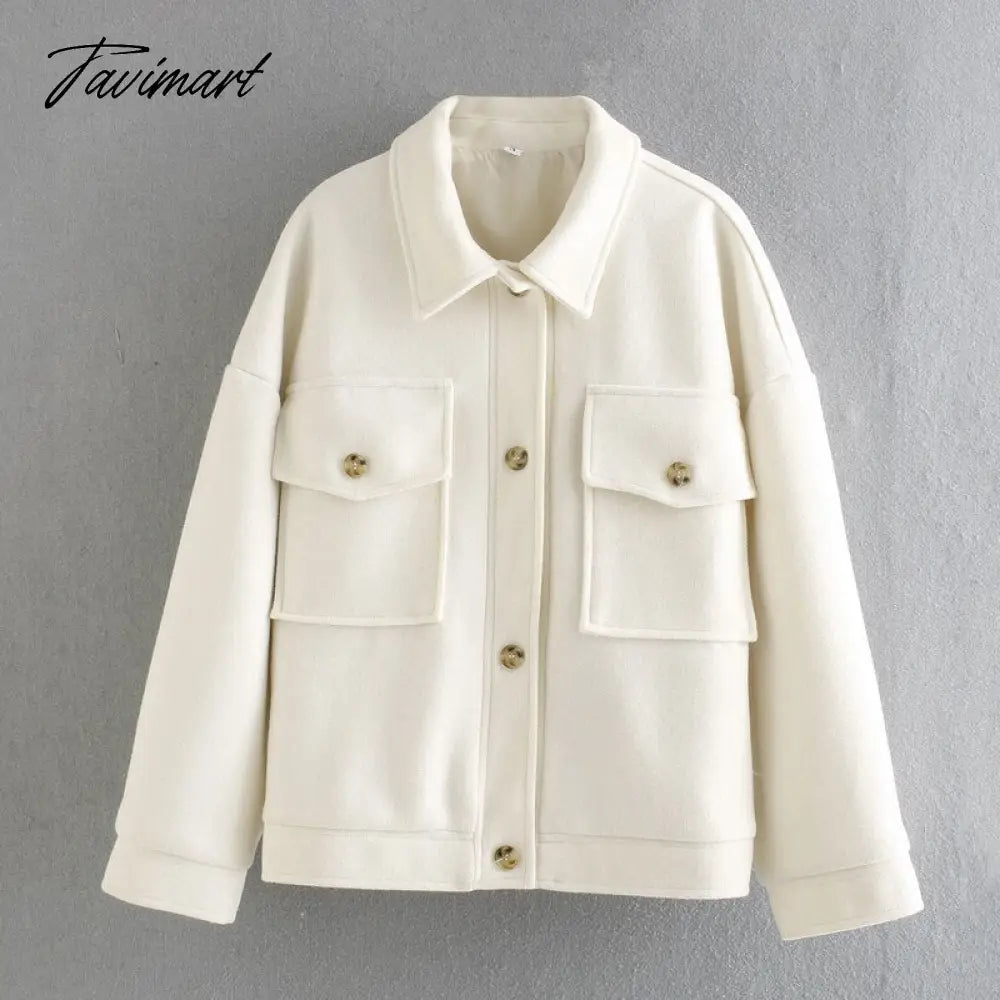 Casual White Tweed Coat Women Loose Single Breasted With Pockets Jacket Street Style Chic Tops Vintage Winter Outwear