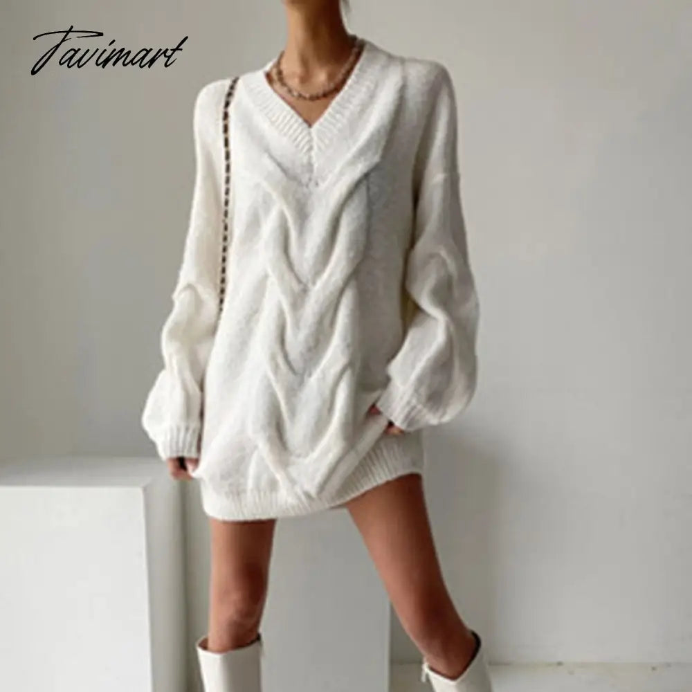 Casual Women Knitted Oversized White Playsuit V Neck Sexy Elegant Sweater Dresses Autumn Winter Mini Pullover Jumper Top