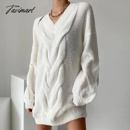 Casual Women Knitted Oversized White Playsuit V Neck Sexy Elegant Sweater Dresses Autumn Winter Mini Pullover Jumper Top