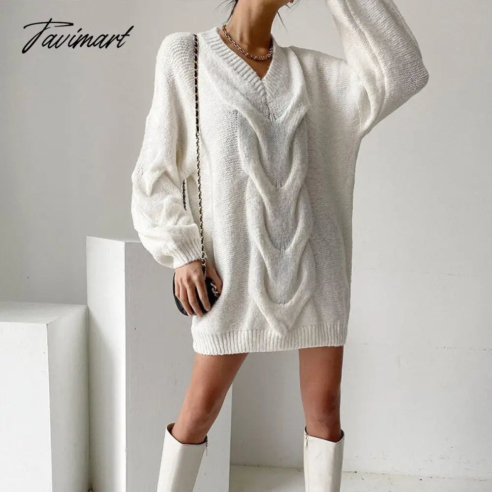 Casual Women Knitted Oversized White Playsuit V Neck Sexy Elegant Sweater Dresses Autumn Winter Mini Pullover Jumper Top