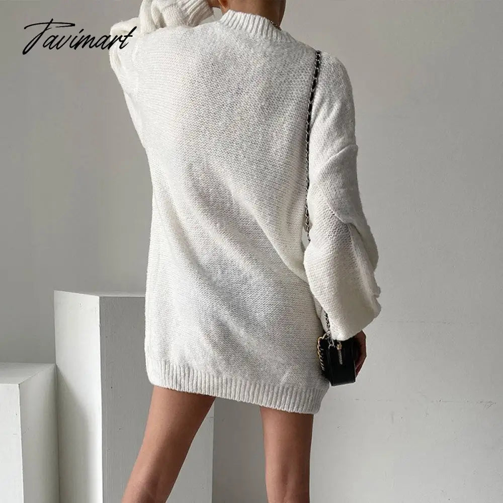 Casual Women Knitted Oversized White Playsuit V Neck Sexy Elegant Sweater Dresses Autumn Winter Mini Pullover Jumper Top