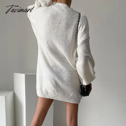 Casual Women Knitted Oversized White Playsuit V Neck Sexy Elegant Sweater Dresses Autumn Winter Mini Pullover Jumper Top